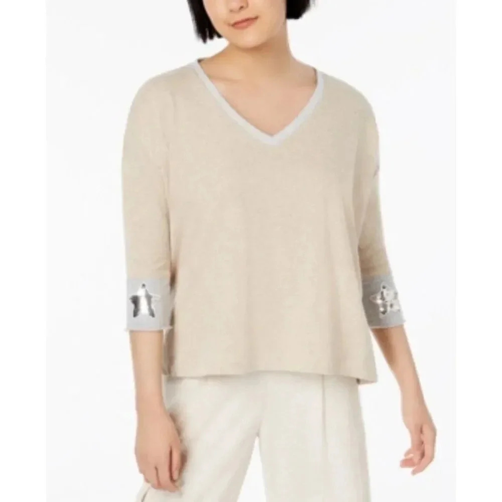 NWT 525 America Oatmeal Pullover Oversized Sweater Sequined Star Sleeve Medium